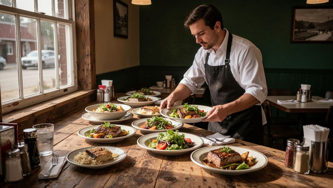 A diner server stands behind a counter of fresh food beneath a LOCAL BITES banner.