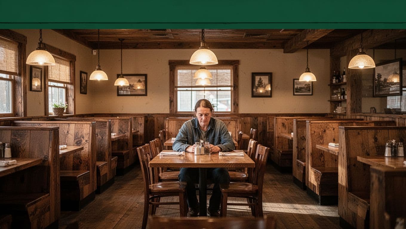 A cozy restaurant with wooden booths, pendant lights, one diner, and a central table.