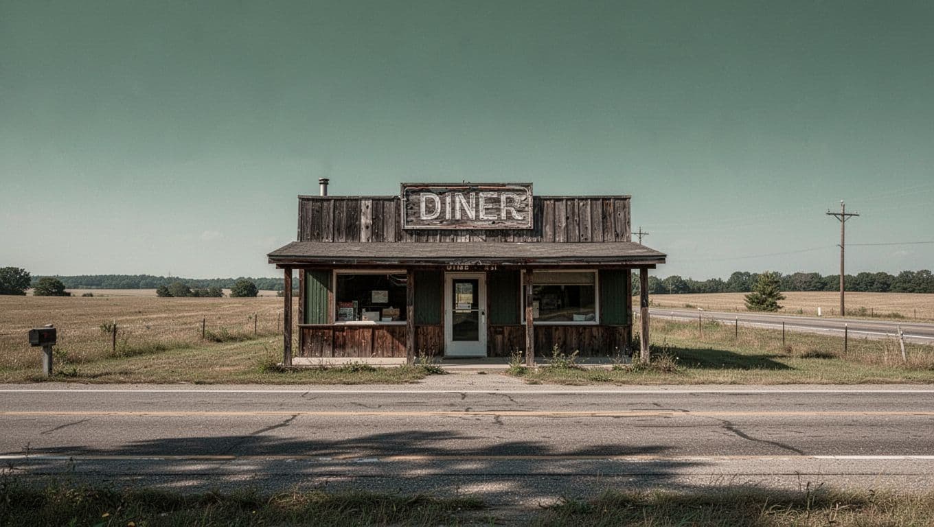A rustic diner and sign beside a quiet two-lane highway.