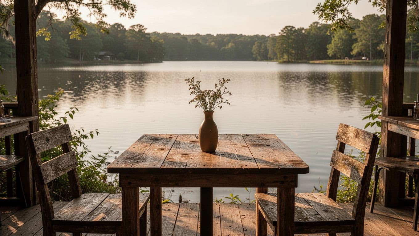 A rustic restaurant table overlooks a quiet lake beneath a green headline banner.