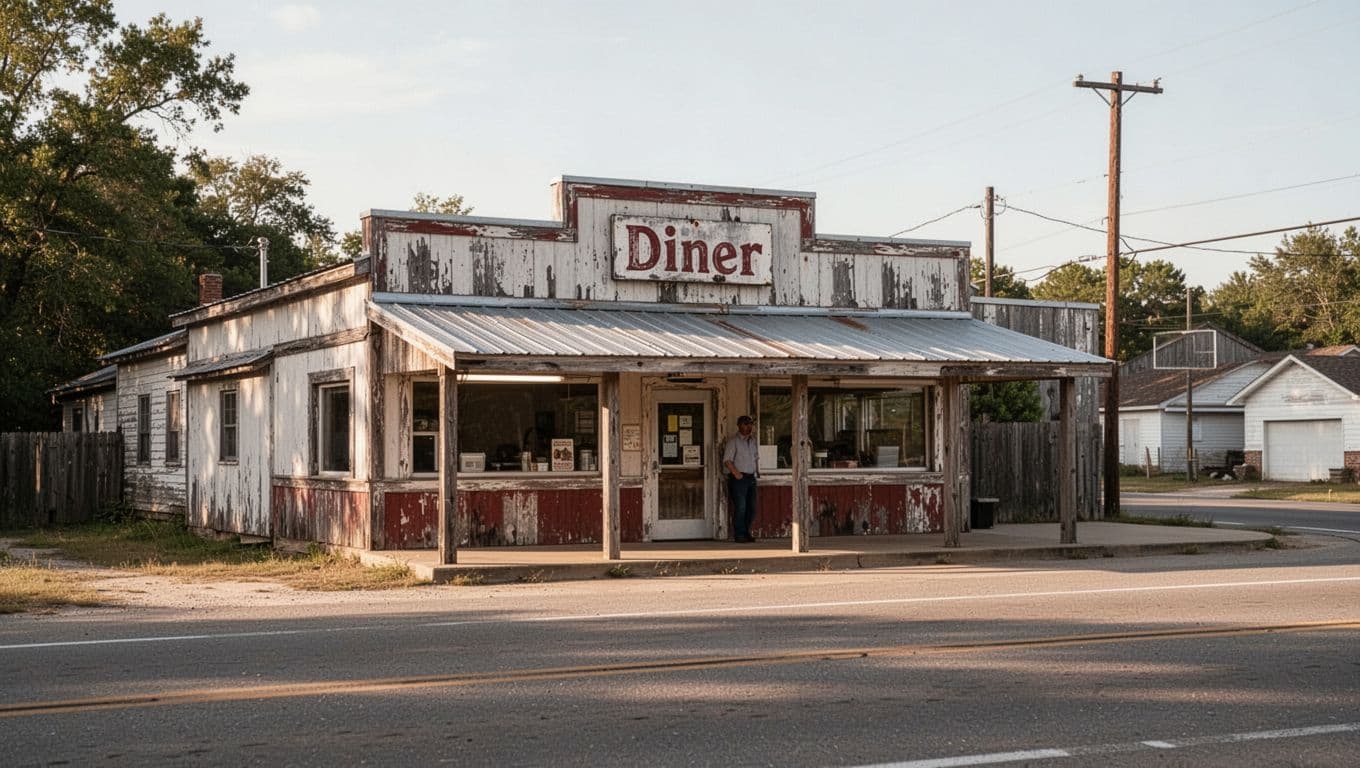 A rustic rural diner with a green Local Dining banner and one person near the entrance.