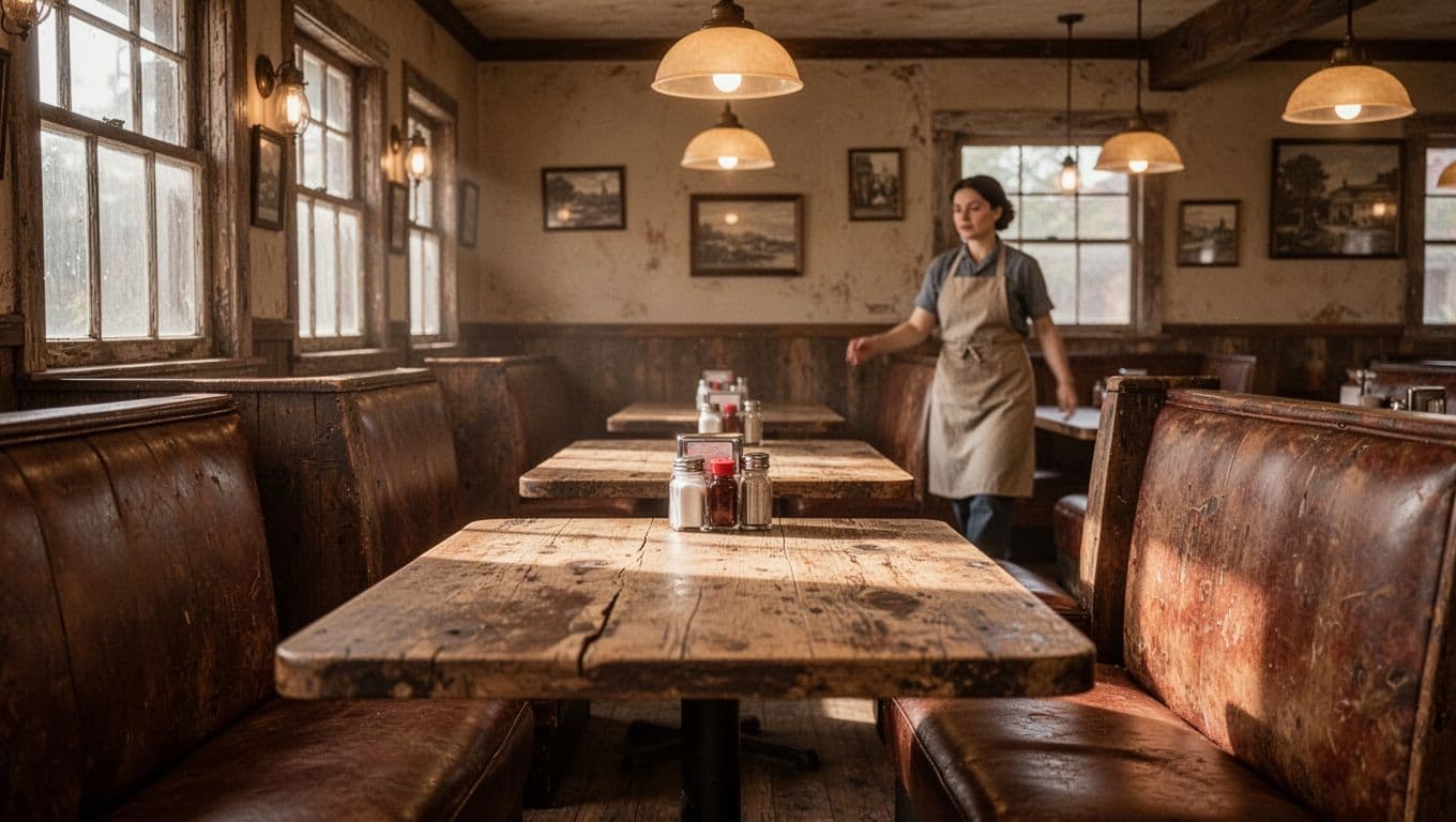 Warmly lit diner with wooden tables and a server in the background.