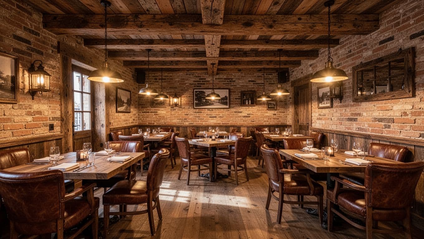 Rustic steakhouse dining room with wood tables and a green band reading LOCAL STEAKS.