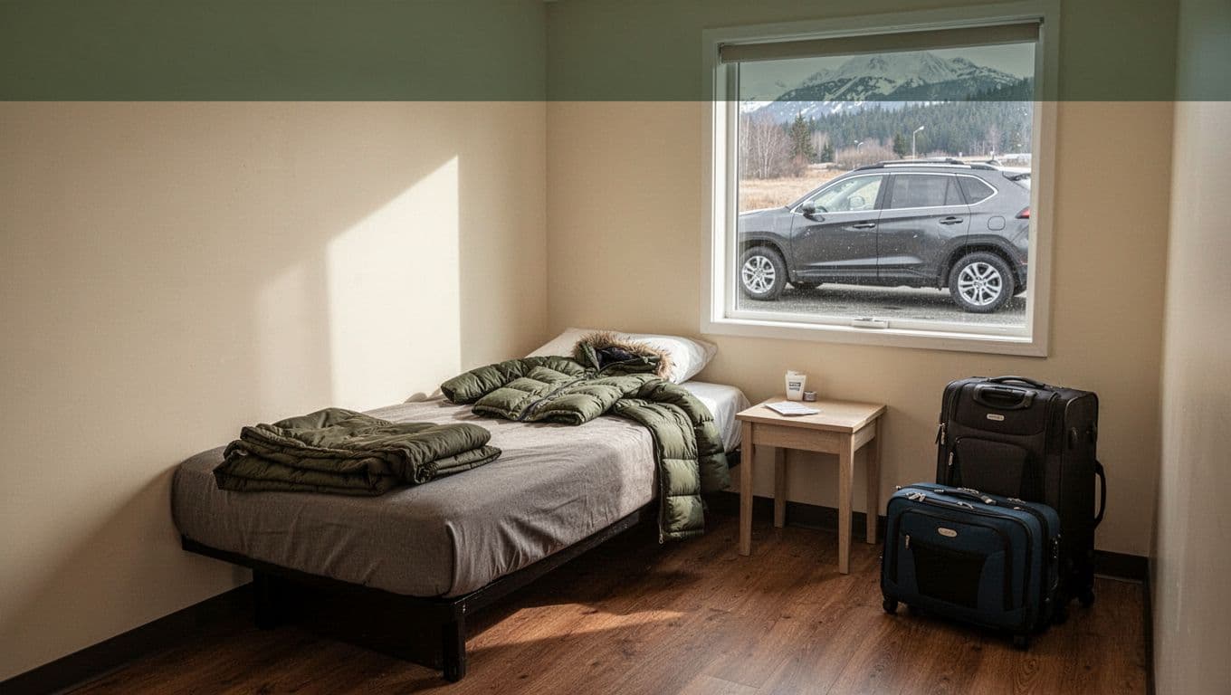 Simple motel room with a bed, travel bag, coat, table, and SUV outside the window.