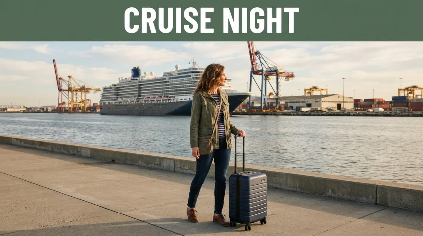 A traveler with a small suitcase faces a cruise ship at the San Pedro harbor.