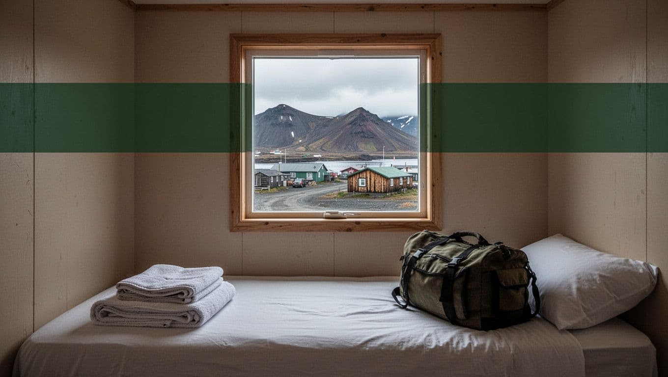 A modest guest room with a bed, folded towels, travel bag, and window view.