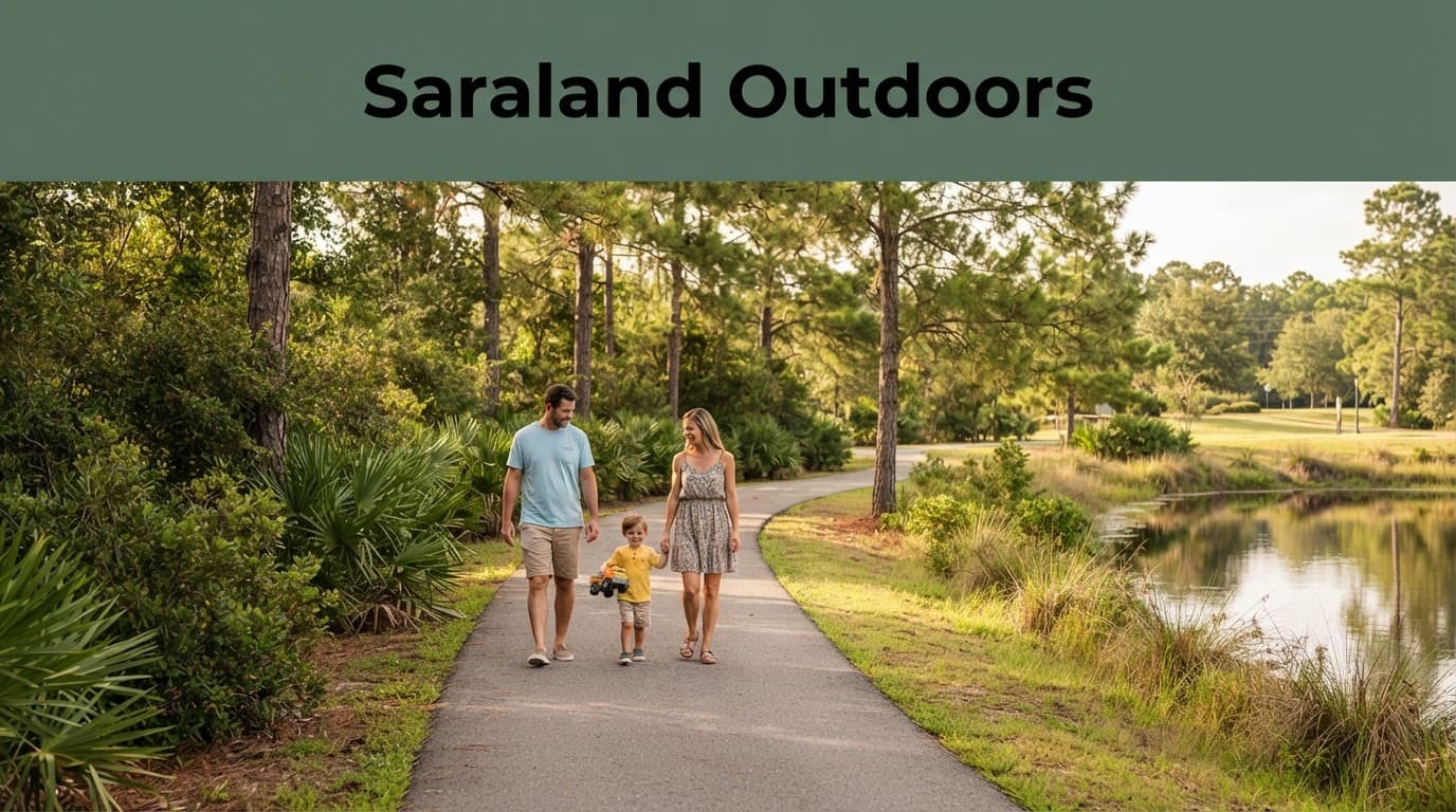 Three people walk beside a pond on a greenway surrounded by pine trees and lush vegetation.