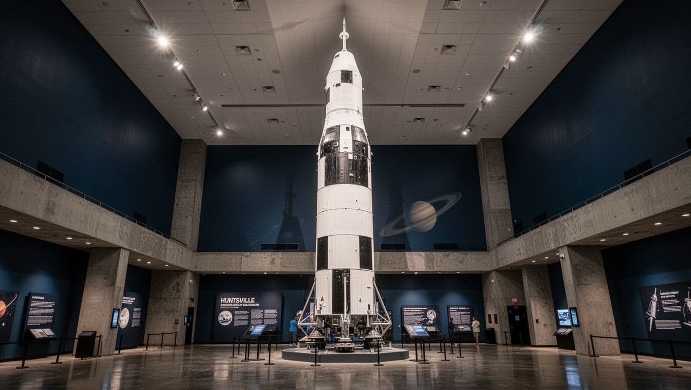 A Saturn V rocket displayed inside a spacious space museum.