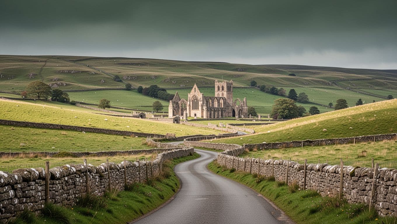 A country road crossing green hills near a distant abbey ruin in the Scottish Borders.