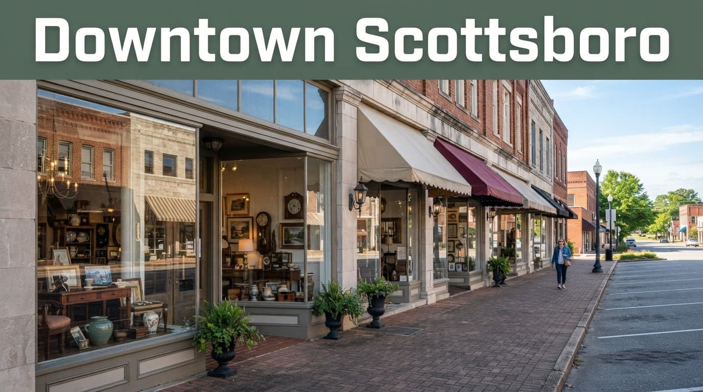 Historic Scottsboro storefronts with antique displays and one distant pedestrian.