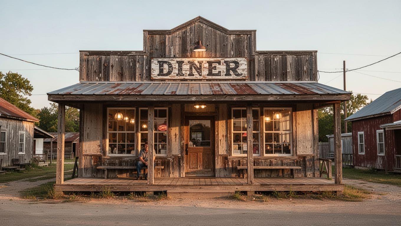 Rustic Arkansas diner with a wooden porch, glowing windows, and one person outside.