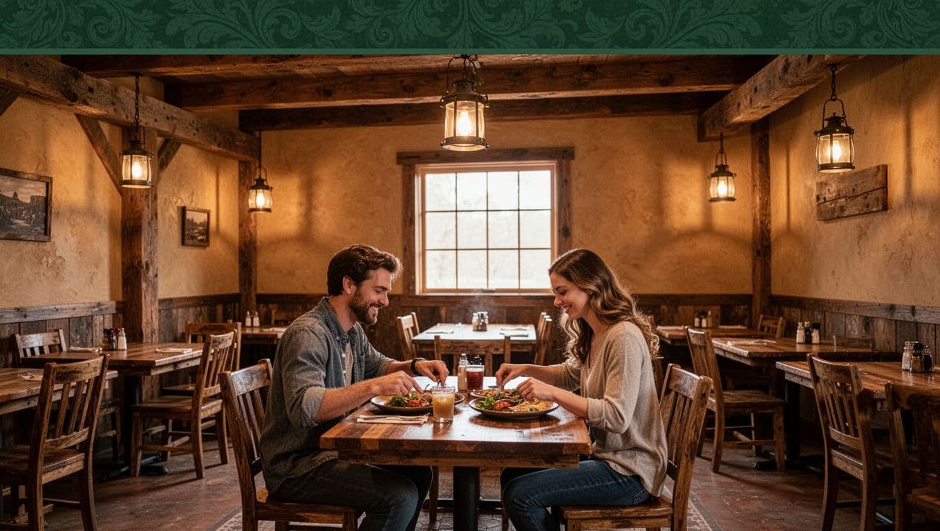 Warm restaurant dining room with wooden tables and soft lighting beneath a Dining Guide banner.