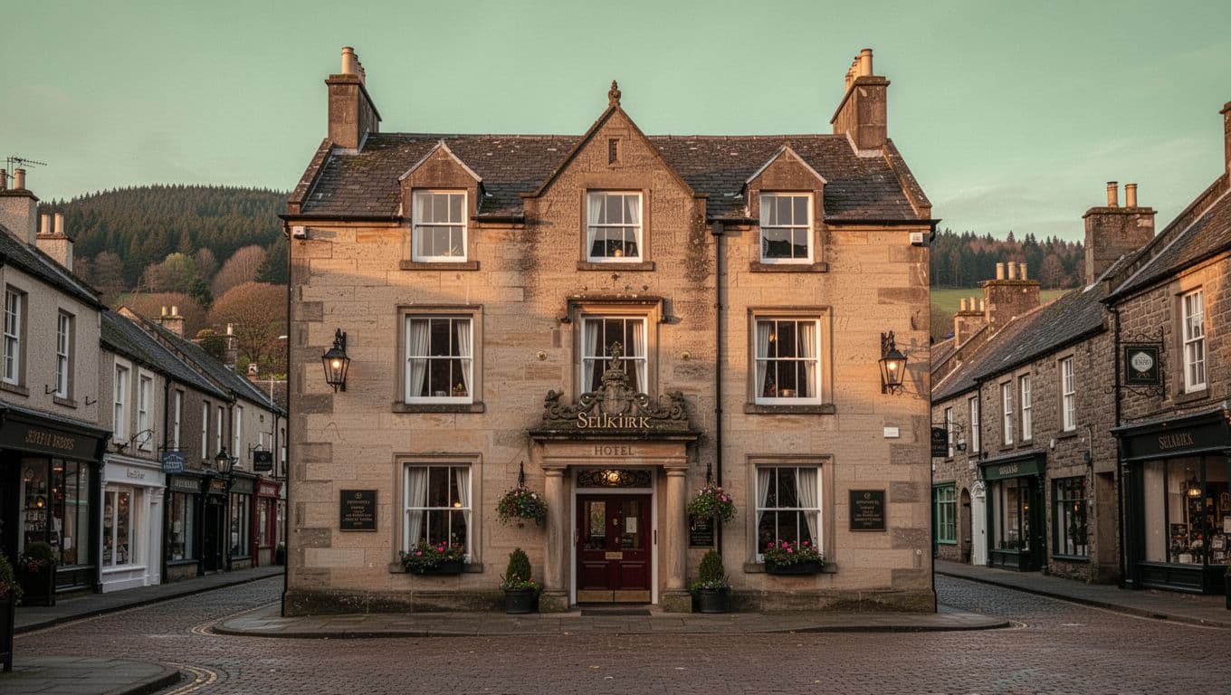 Stone hotel entrance on a Selkirk street beneath a green headline band.