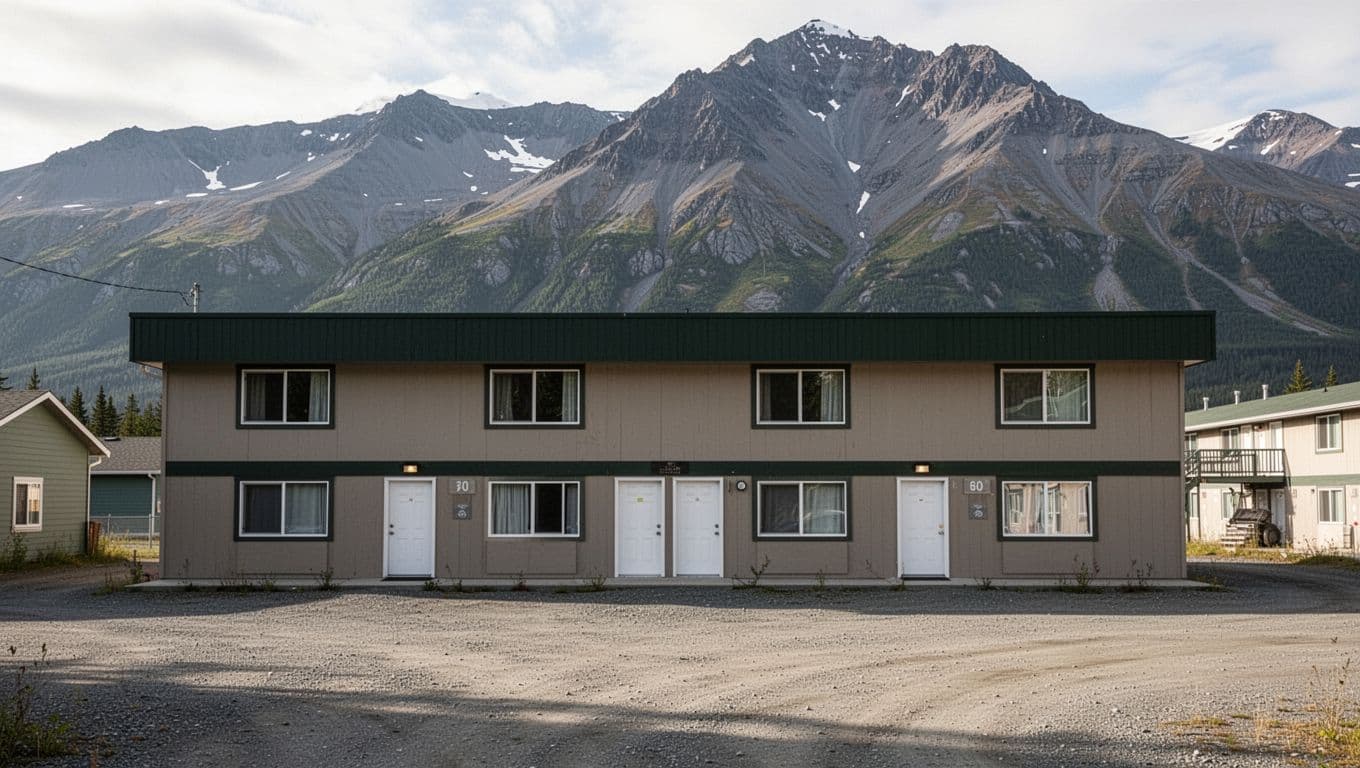 A budget motel in Seward with mountains behind it and a green SEWARD STAYS banner.