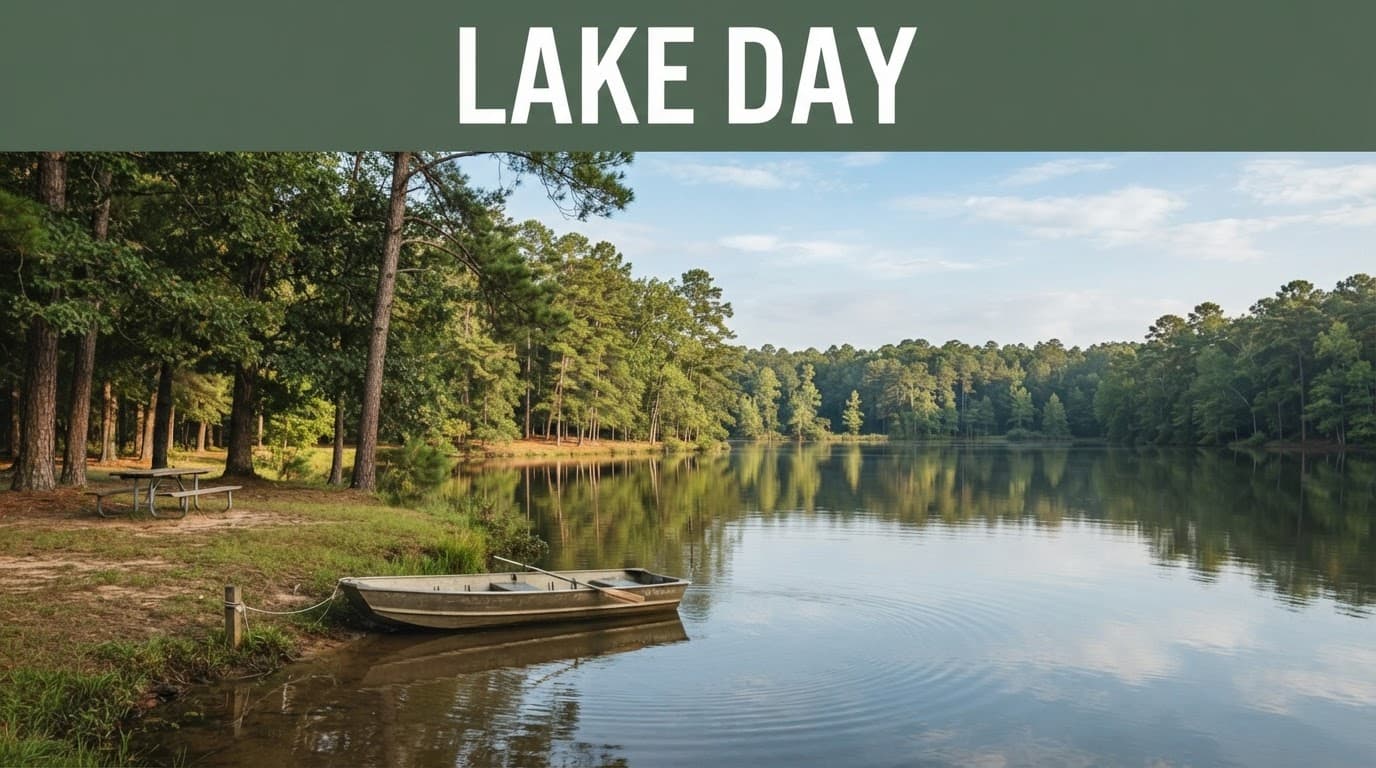 A small fishing boat rests near a picnic area on a calm, wooded Alabama lake.