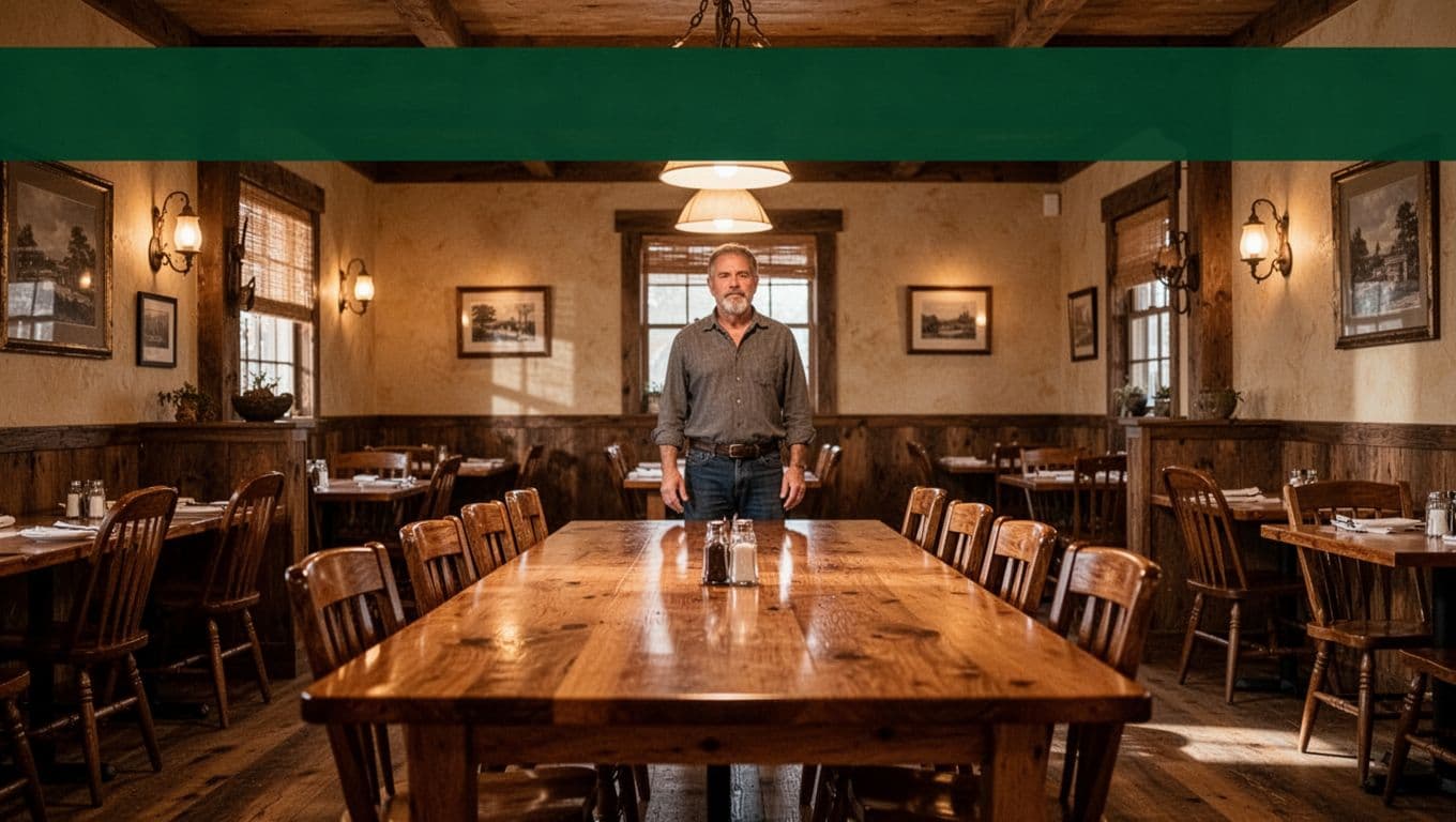 Rustic Arkansas restaurant with wooden tables, warm lights, and one person beneath a Local Flavor banner.