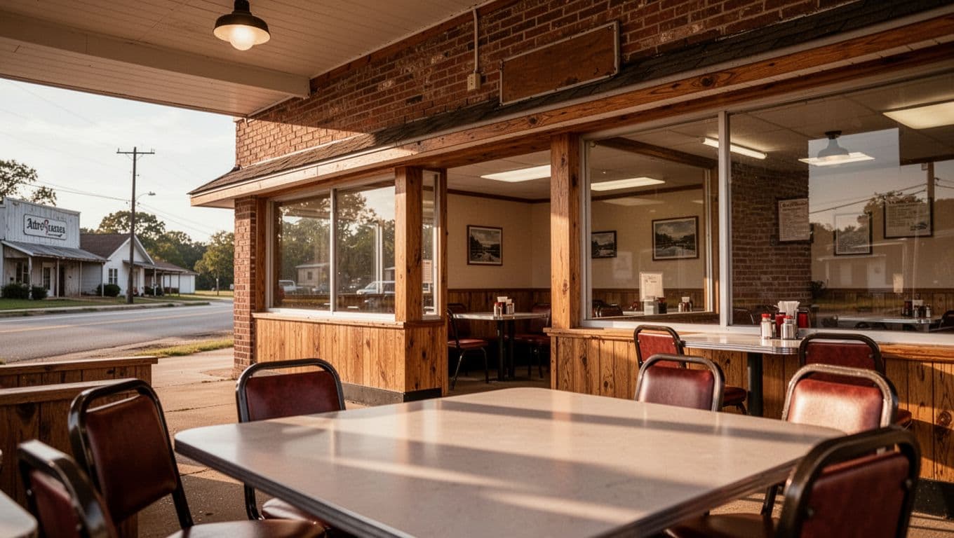 Small Arkansas diner with brick and wood details, warm lights, and a clean table.