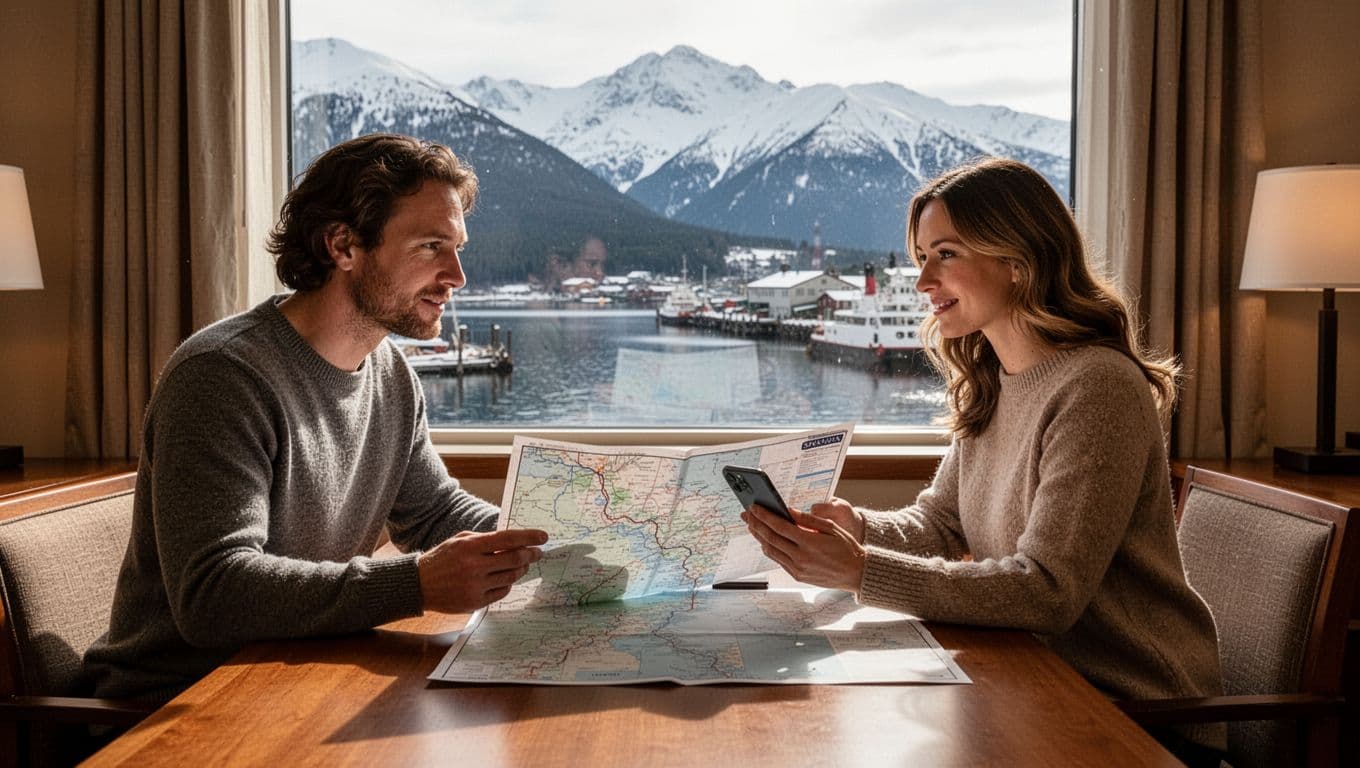 A couple compares a map and phone at a desk overlooking Skagway.