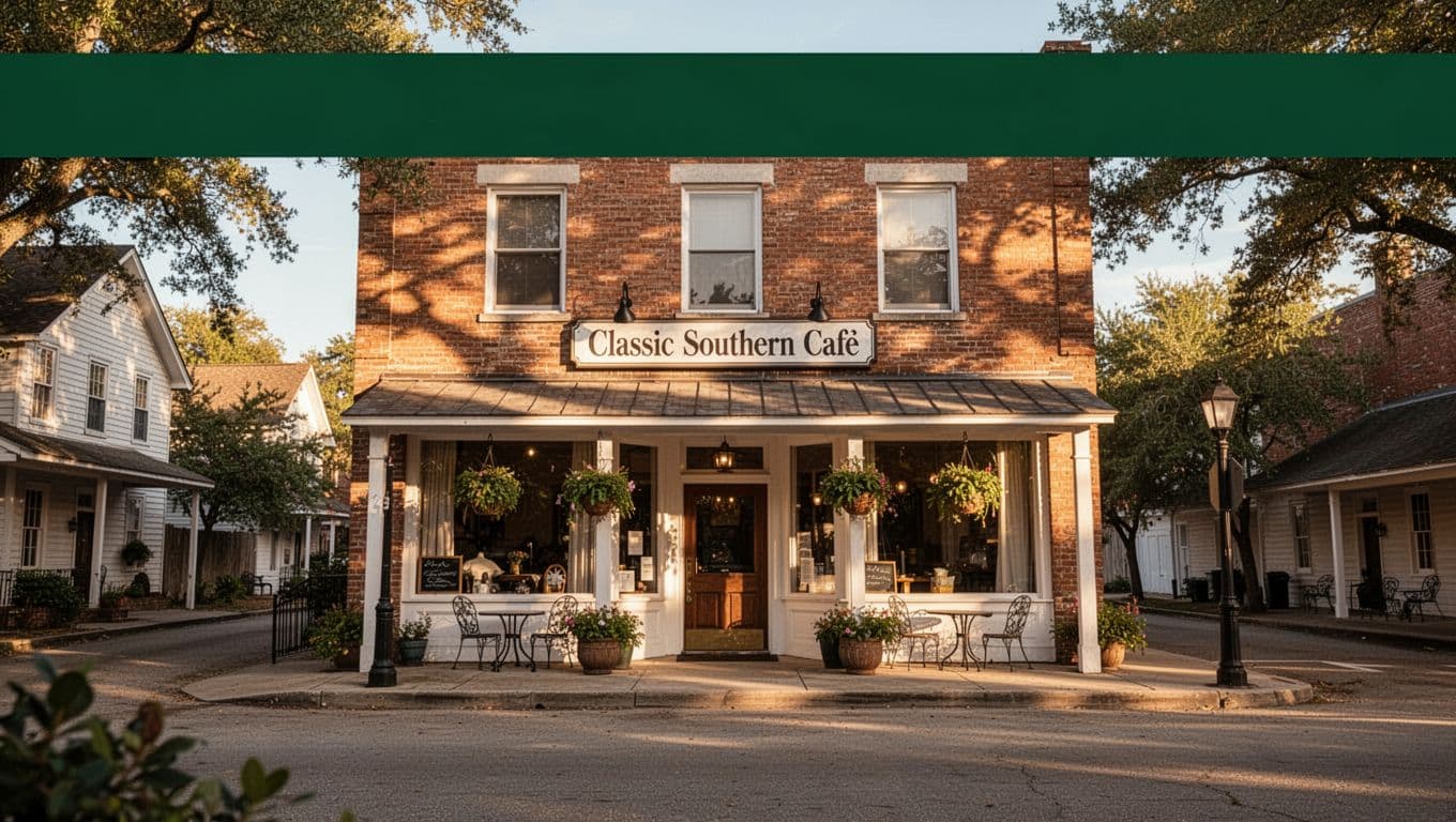A warmly lit small-town cafe beneath a dark-green Small Town Bites headline band.