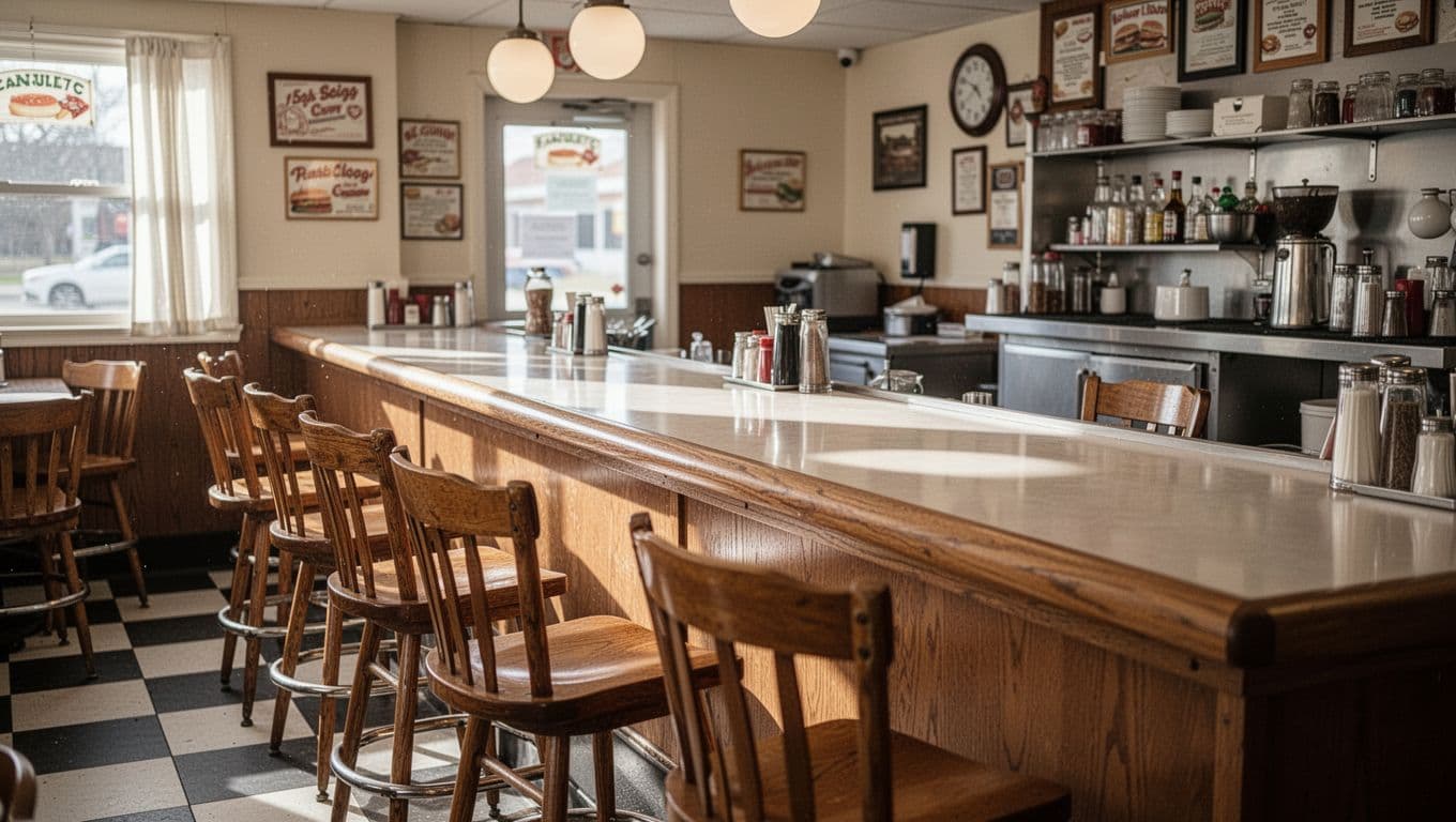 A welcoming diner counter with red bar stools and chrome details.