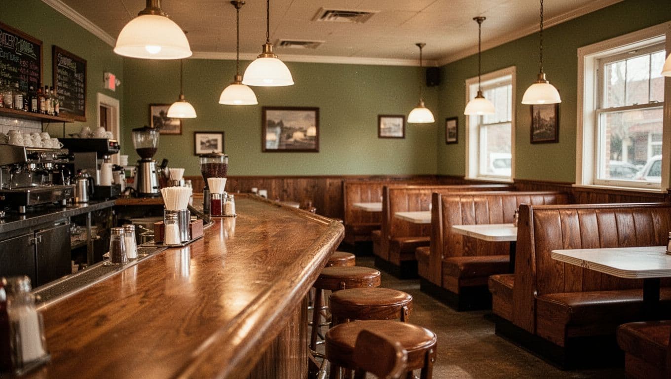 Cozy vintage diner counter with wooden booths and warm lighting.