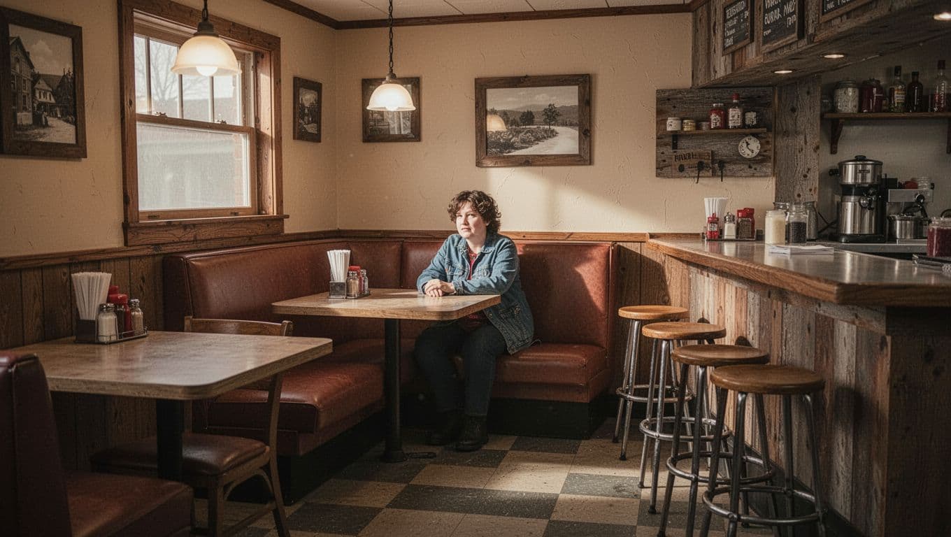 A warmly lit diner with wooden tables, counter stools, and one person in a corner booth.