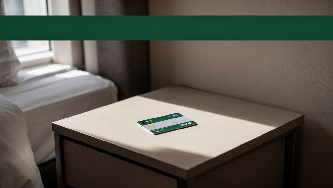 A hotel key card rests on a bedside table below a green SMART BOOKING banner.