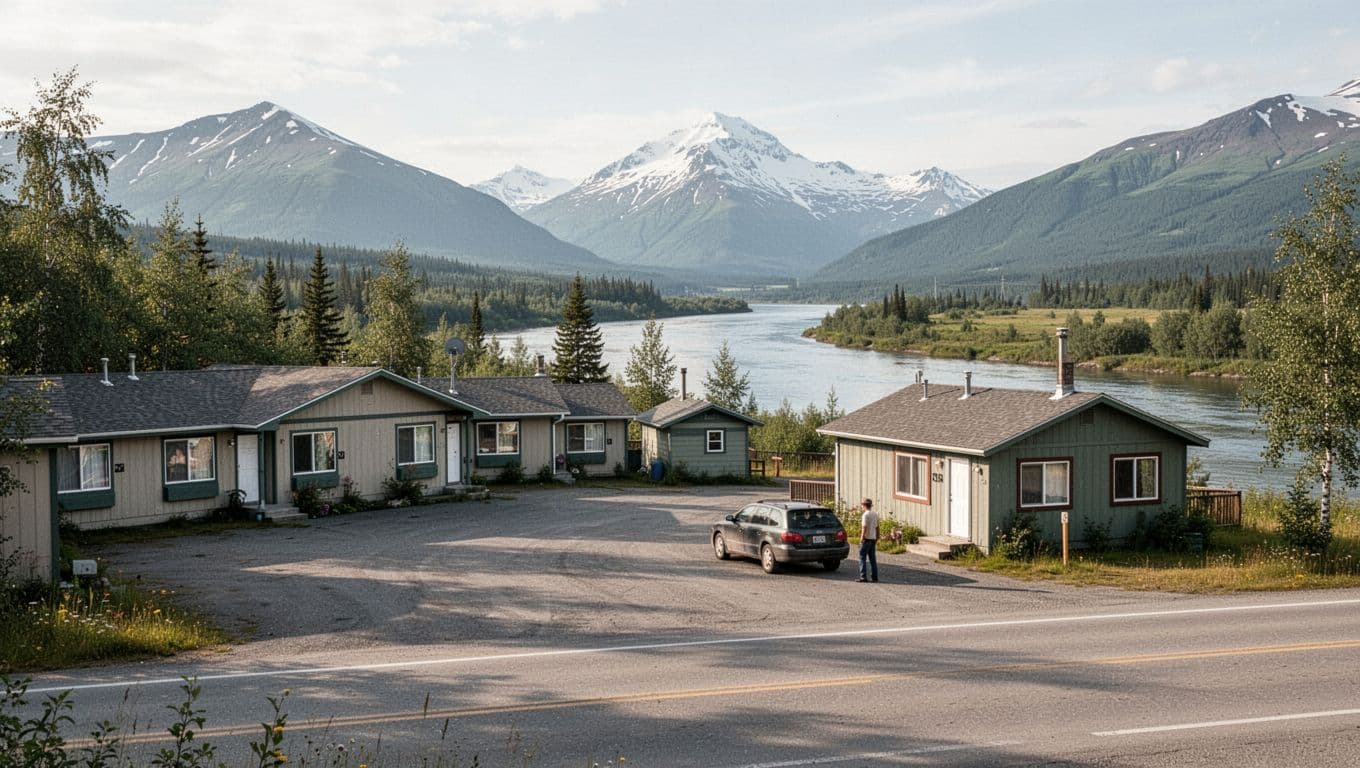 A roadside motel and cabins near a car with an Alaskan river valley behind them.