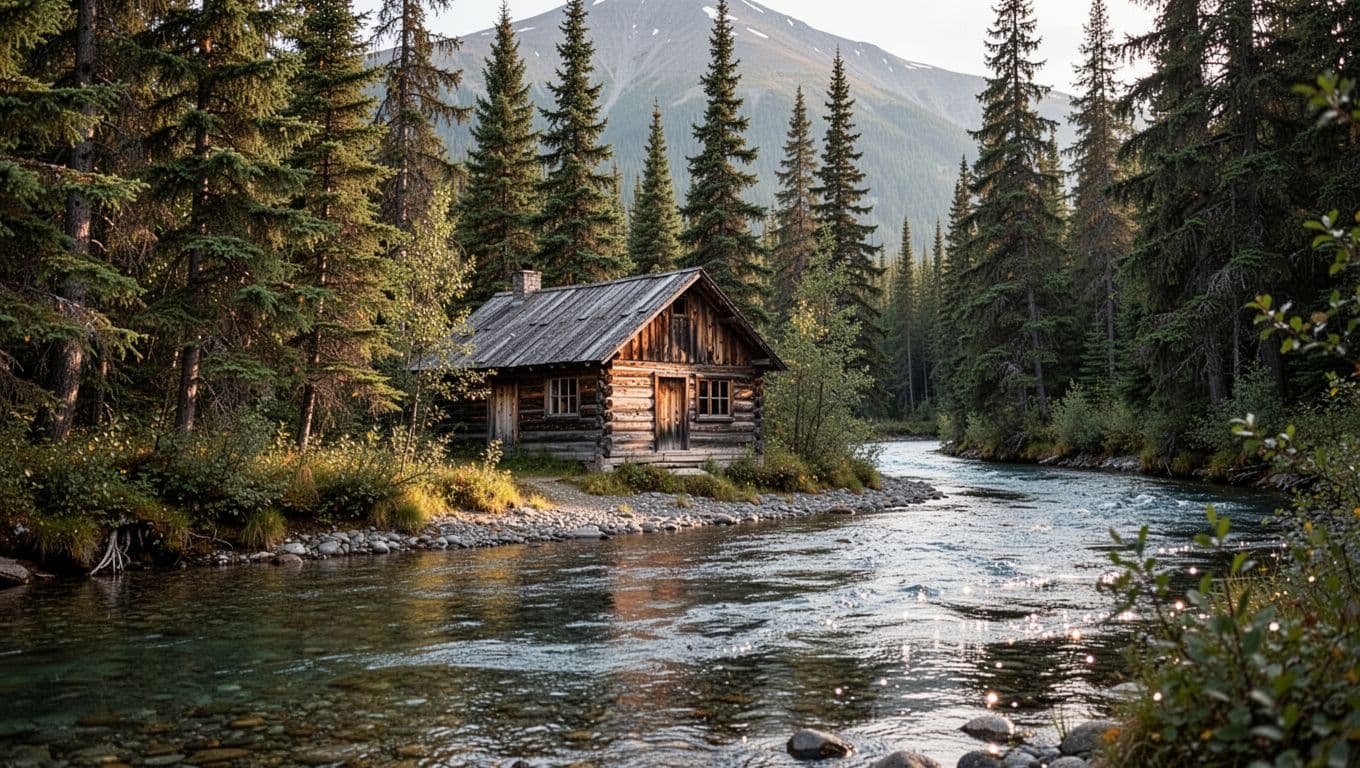 Rustic cabin beside spruce trees near an Alaskan river.