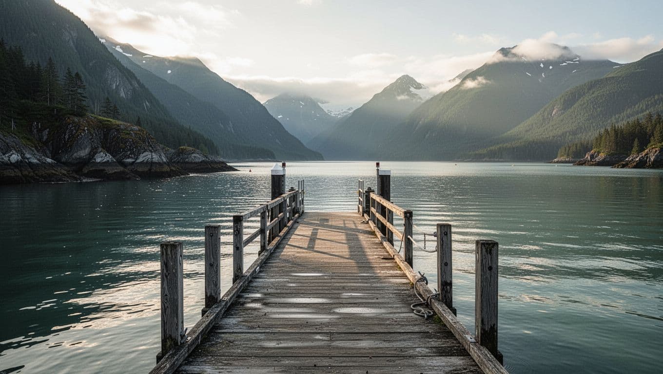 A wooden dock leads toward a calm Alaska harbor beneath a Ferry Travel headline.