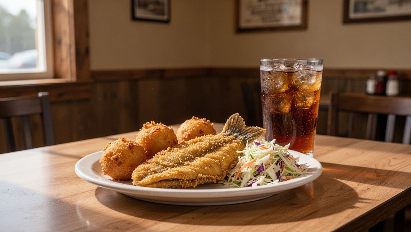 Fried catfish, hush puppies, slaw, and iced tea on a restaurant table.