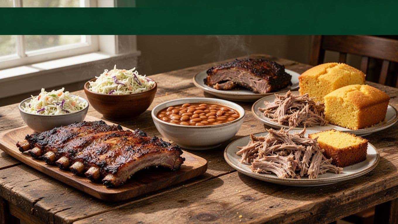 Smoked meats and classic barbecue sides arranged on a rustic wooden table.