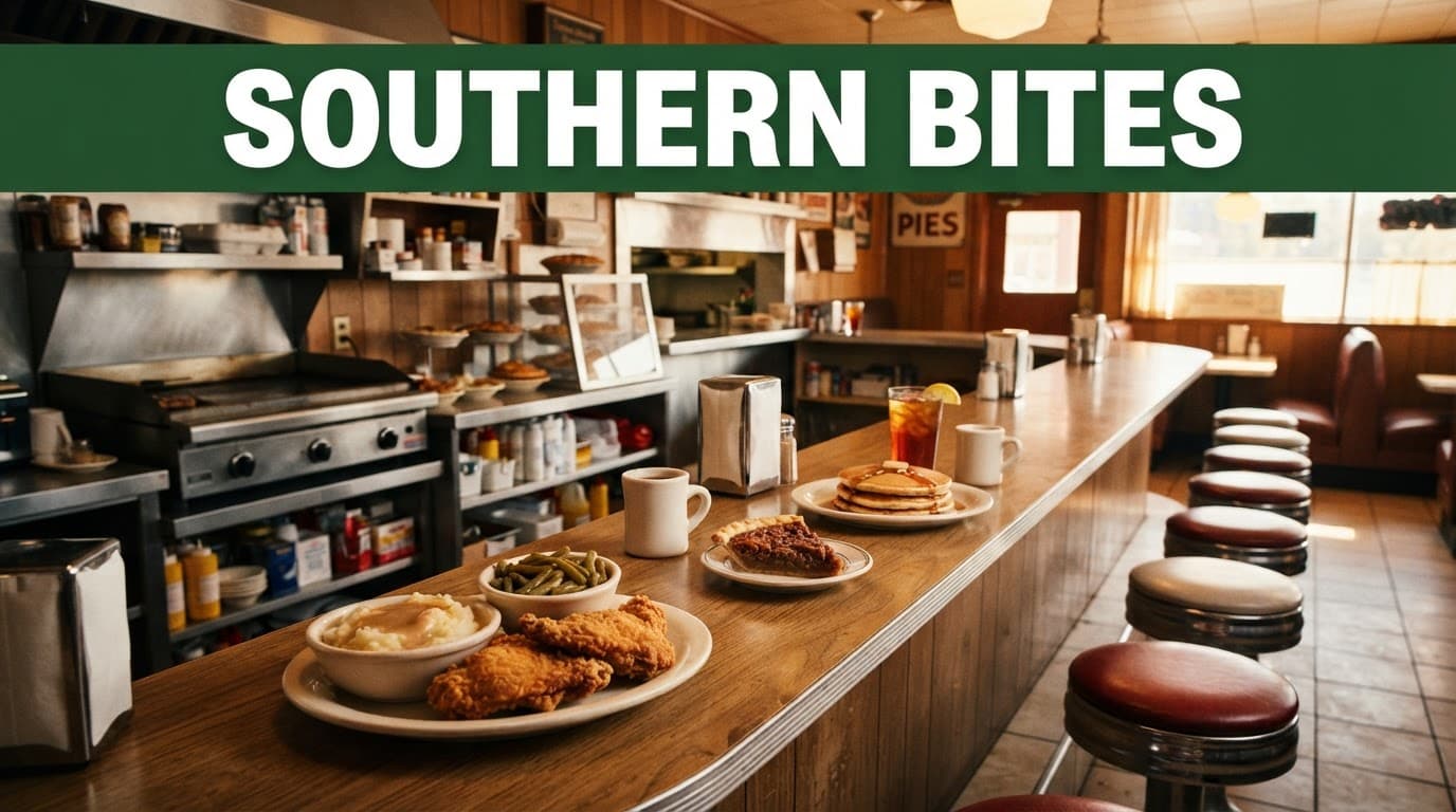 A diner counter with comfort food beneath a green Southern Bites banner.
