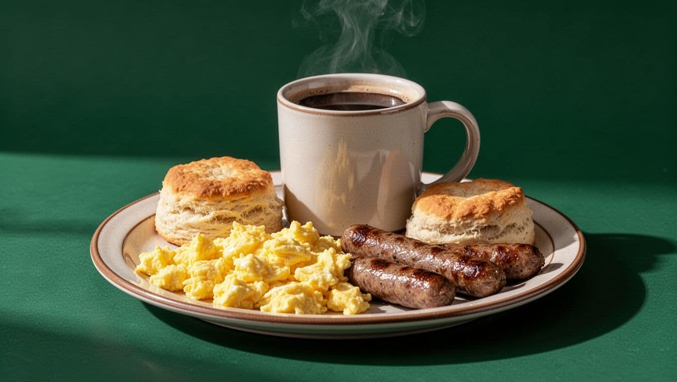 Diner breakfast plate with eggs, coffee, and a Southern Breakfast headline.