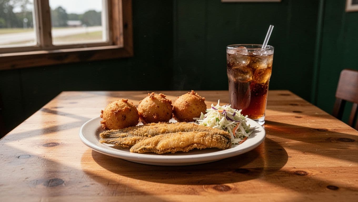 Catfish, hush puppies, slaw, and iced tea sit on a wooden table beneath a green Local Dining banner.