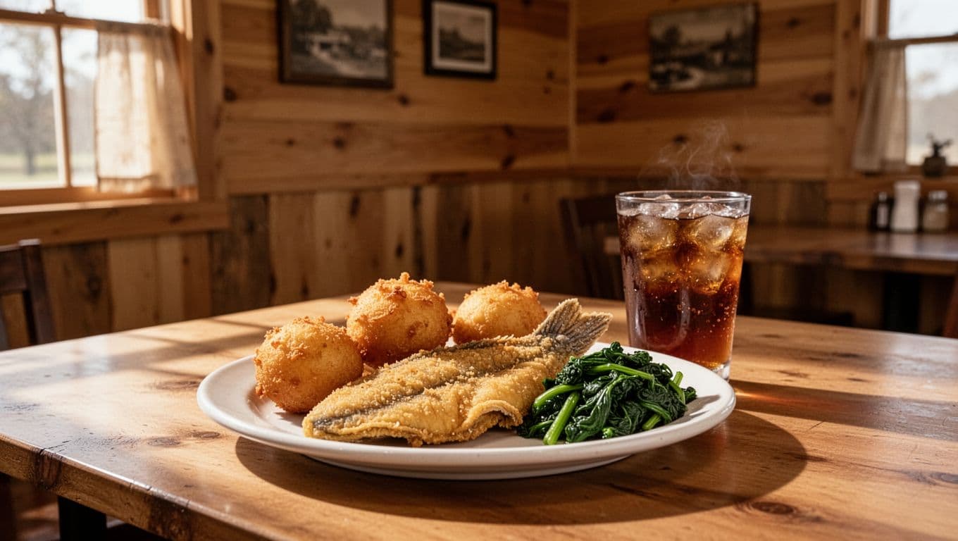 Fried catfish, hush puppies, greens, and iced tea on a wooden table.