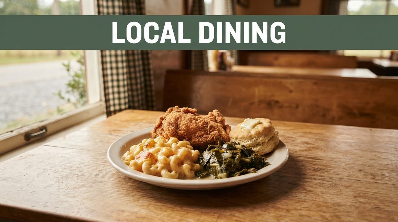 A plate of Southern comfort food on a wooden table beneath soft window light.