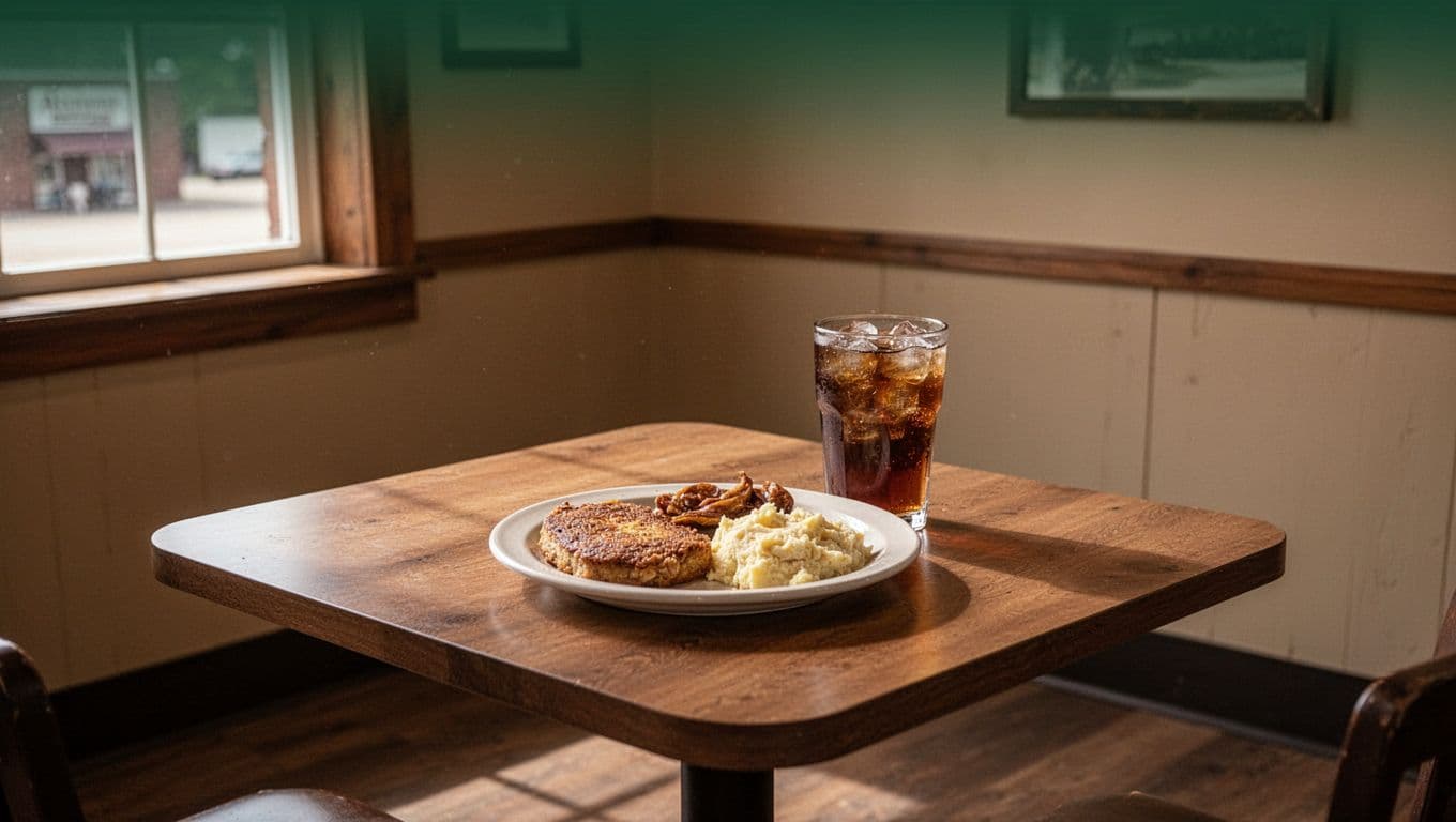 A plate of Southern food and iced tea on a wooden cafe table.