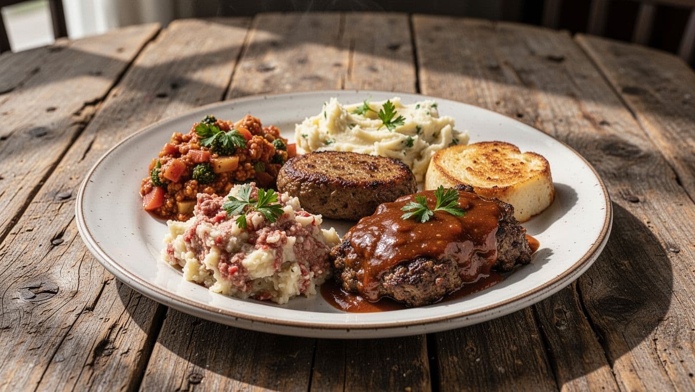 A plate of southern comfort food on a rustic wooden table under a green headline band.