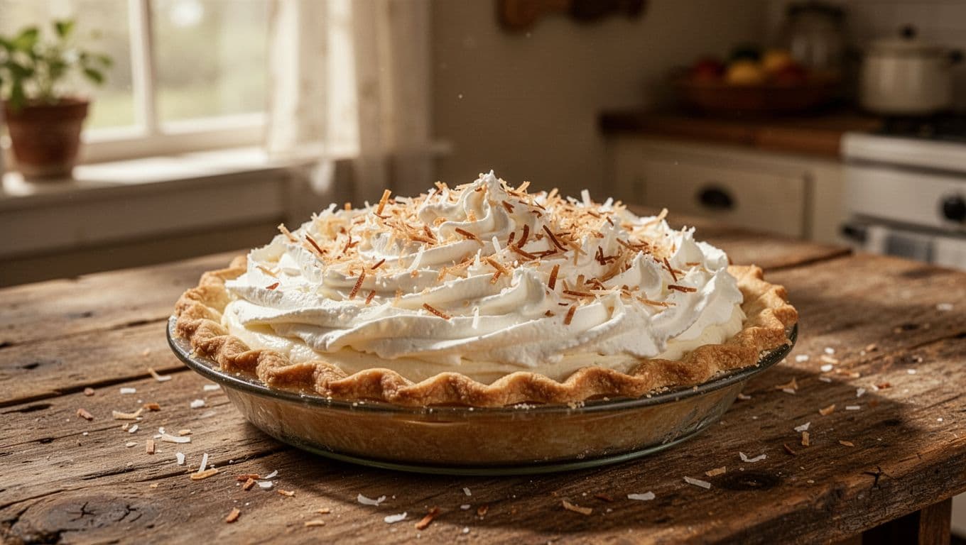 Coconut cream pie and country cooking on a rustic table beneath a green banner.