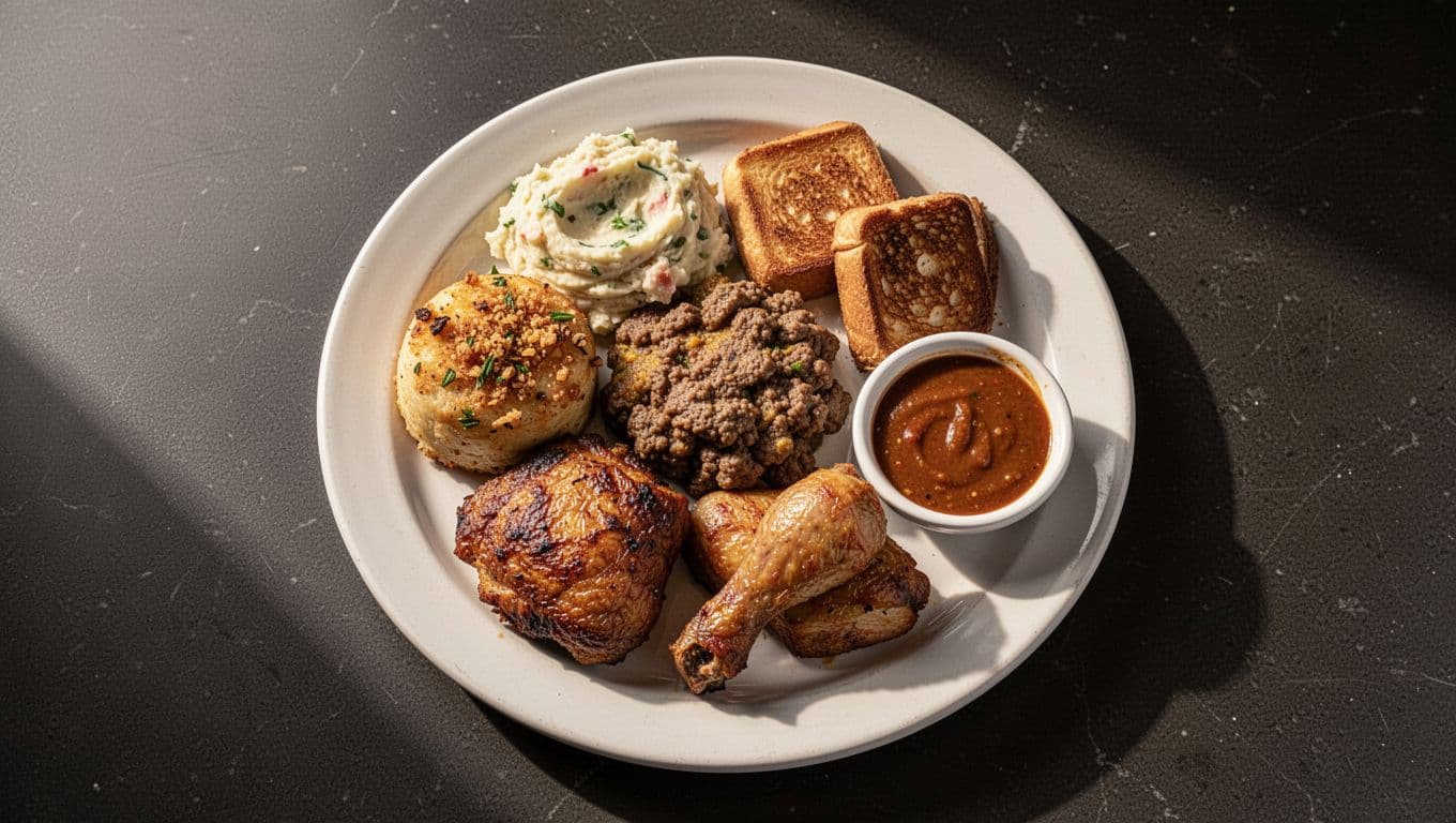A plate of fried chicken, mashed potatoes, greens, and gravy on a dark table.