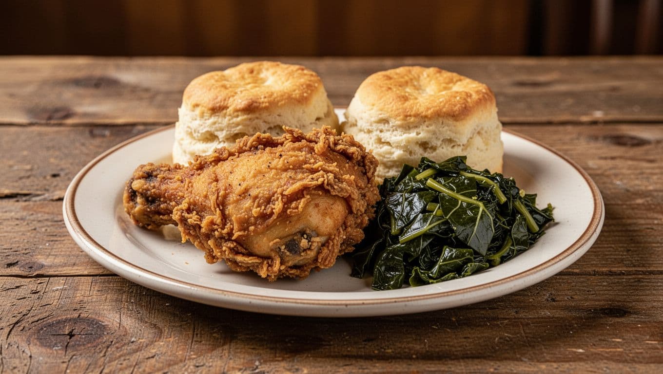 A plate of Southern comfort food on a wooden table beneath a green headline band.