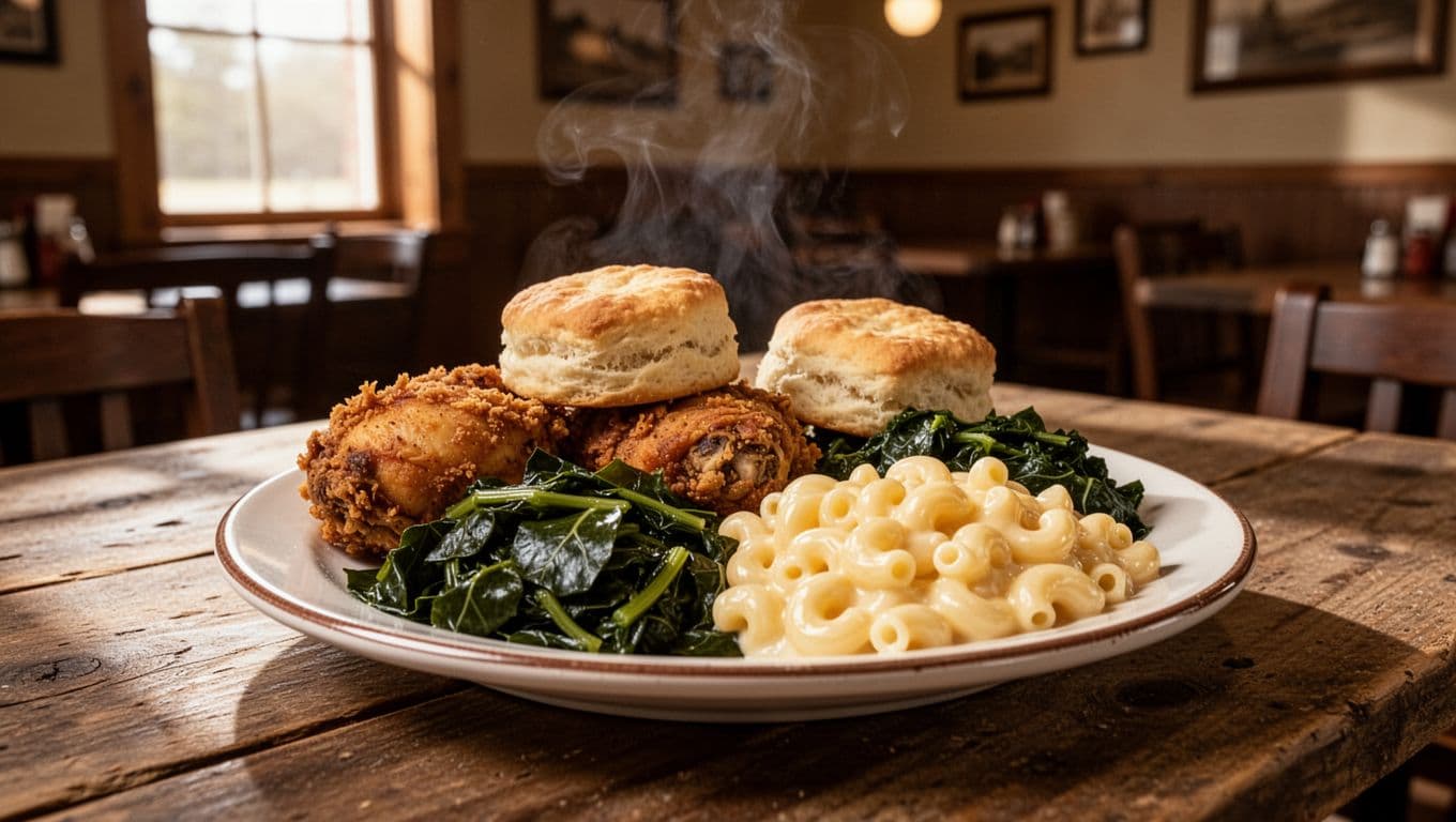 A hearty Southern meal on a wooden table beneath a Southern Plates headline.
