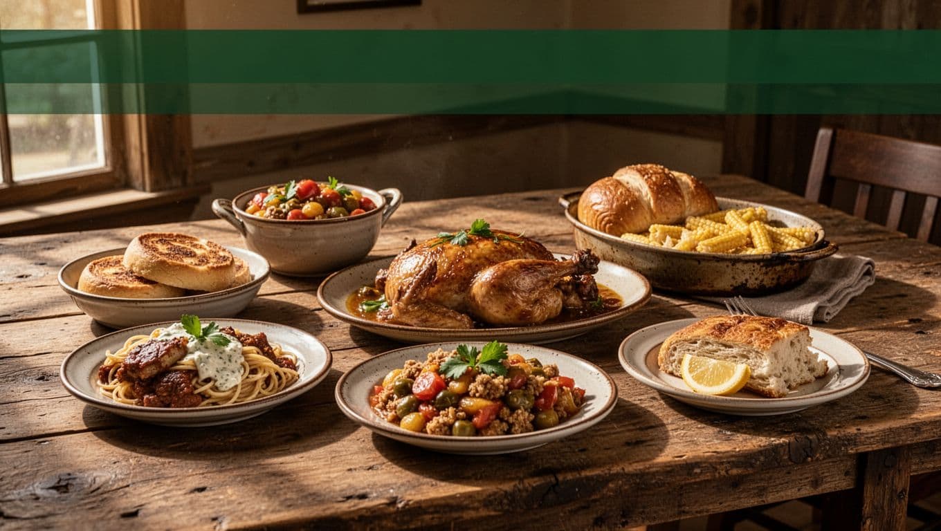 Southern comfort food fills a rustic table beneath warm window light and a dark green Southern Fare banner.