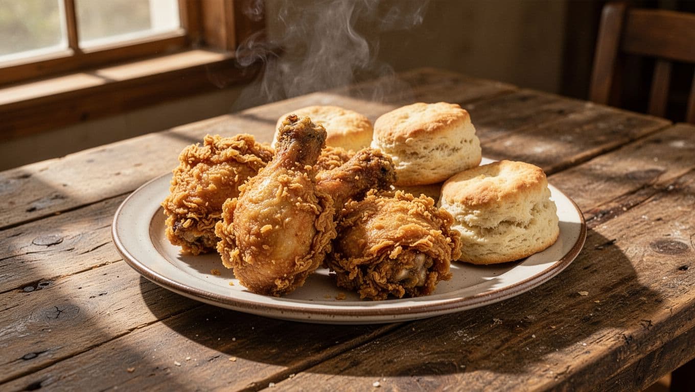 Fried chicken and biscuits on a rustic table below a Southern Comfort headline.