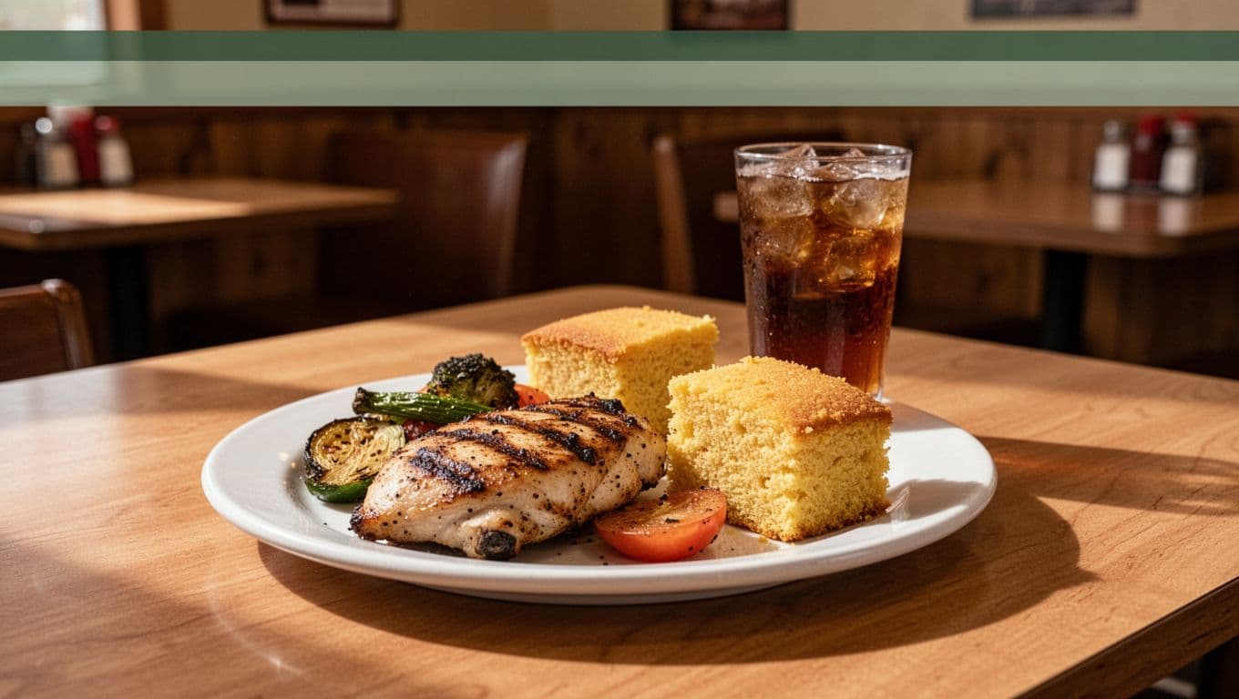 Grilled chicken, vegetables, cornbread, and iced tea on a restaurant table.