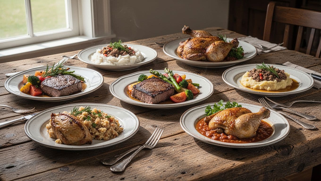 Southern dishes fill a rustic table beneath a green headline band.