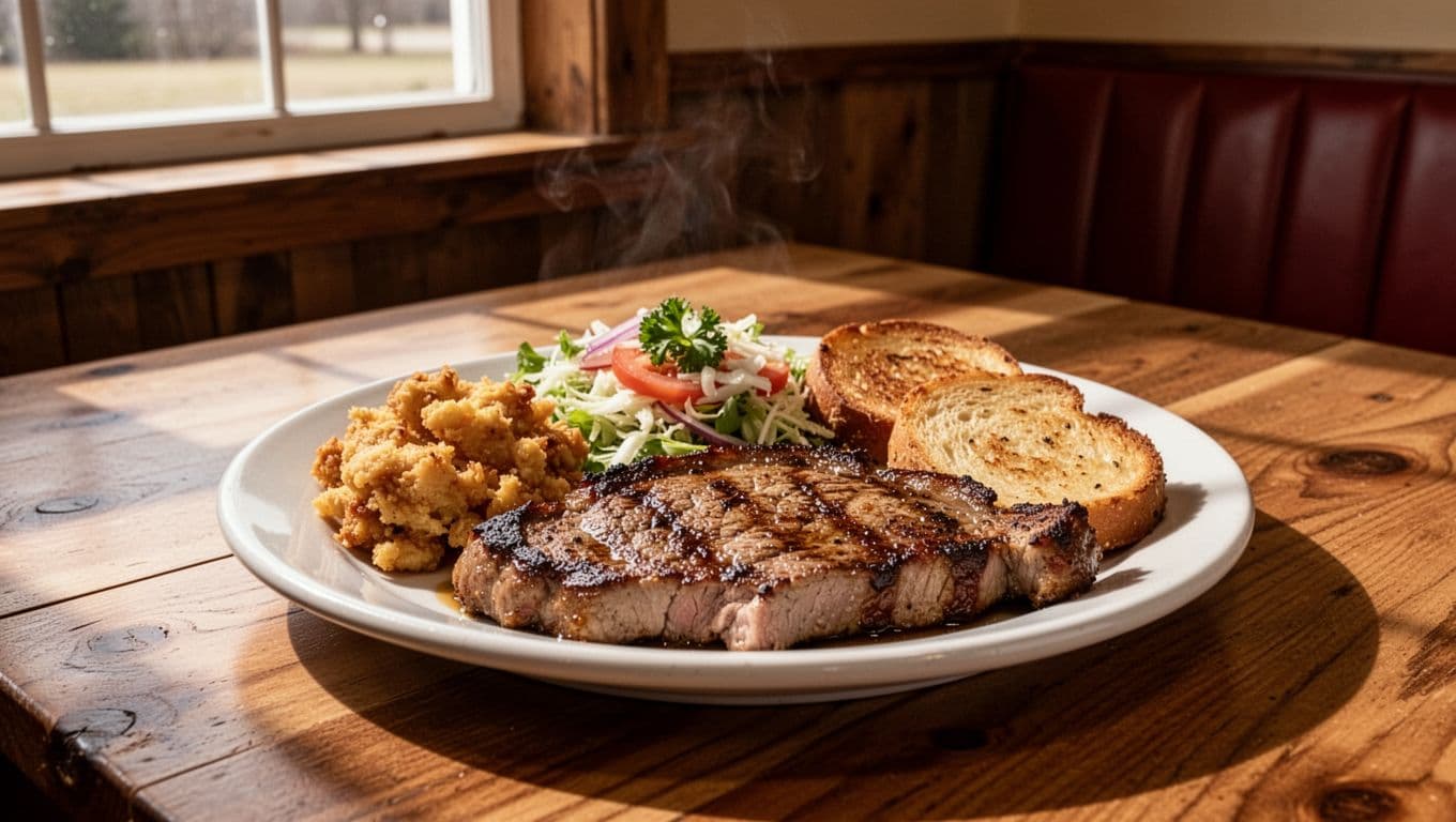 A Southern food plate with fried chicken, potatoes, greens, and cornbread on a wooden table.