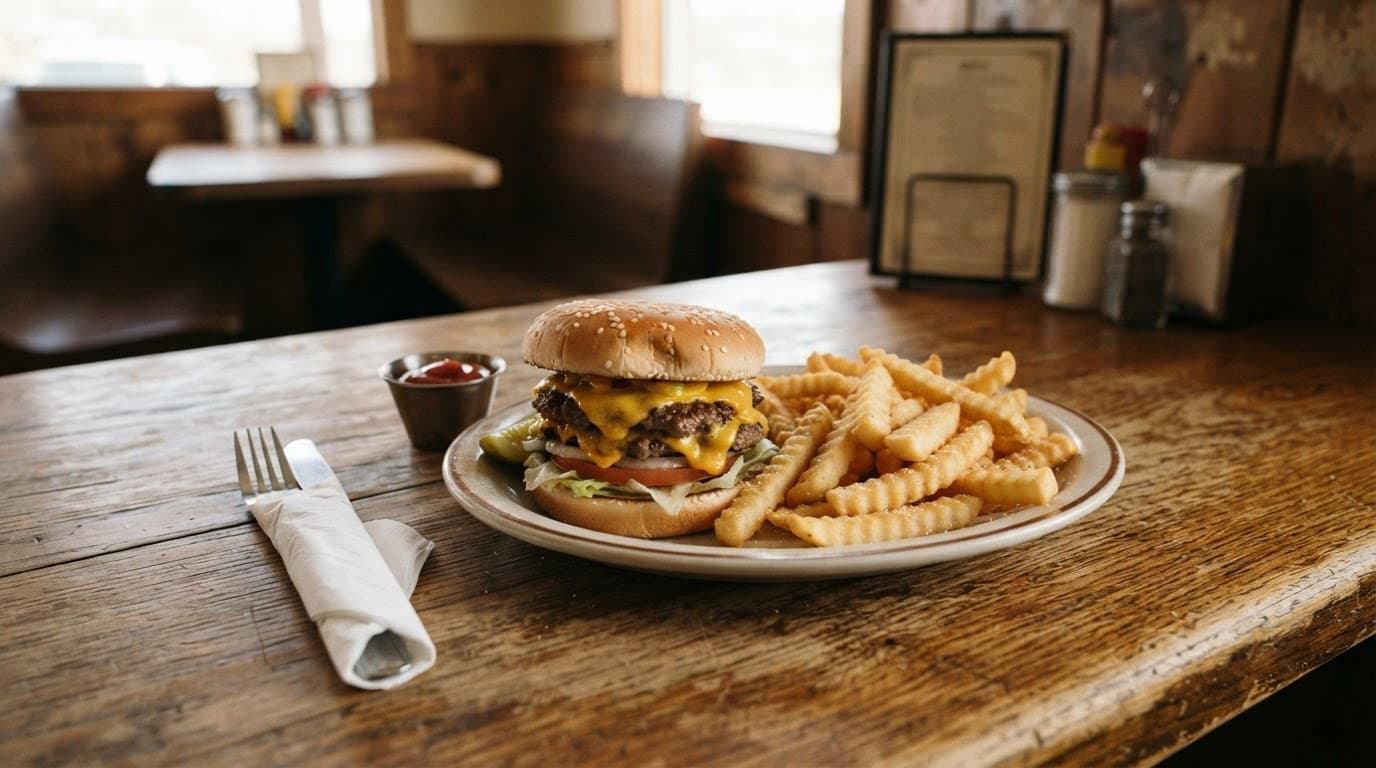 A burger and fries on a white plate atop a rustic wooden table.