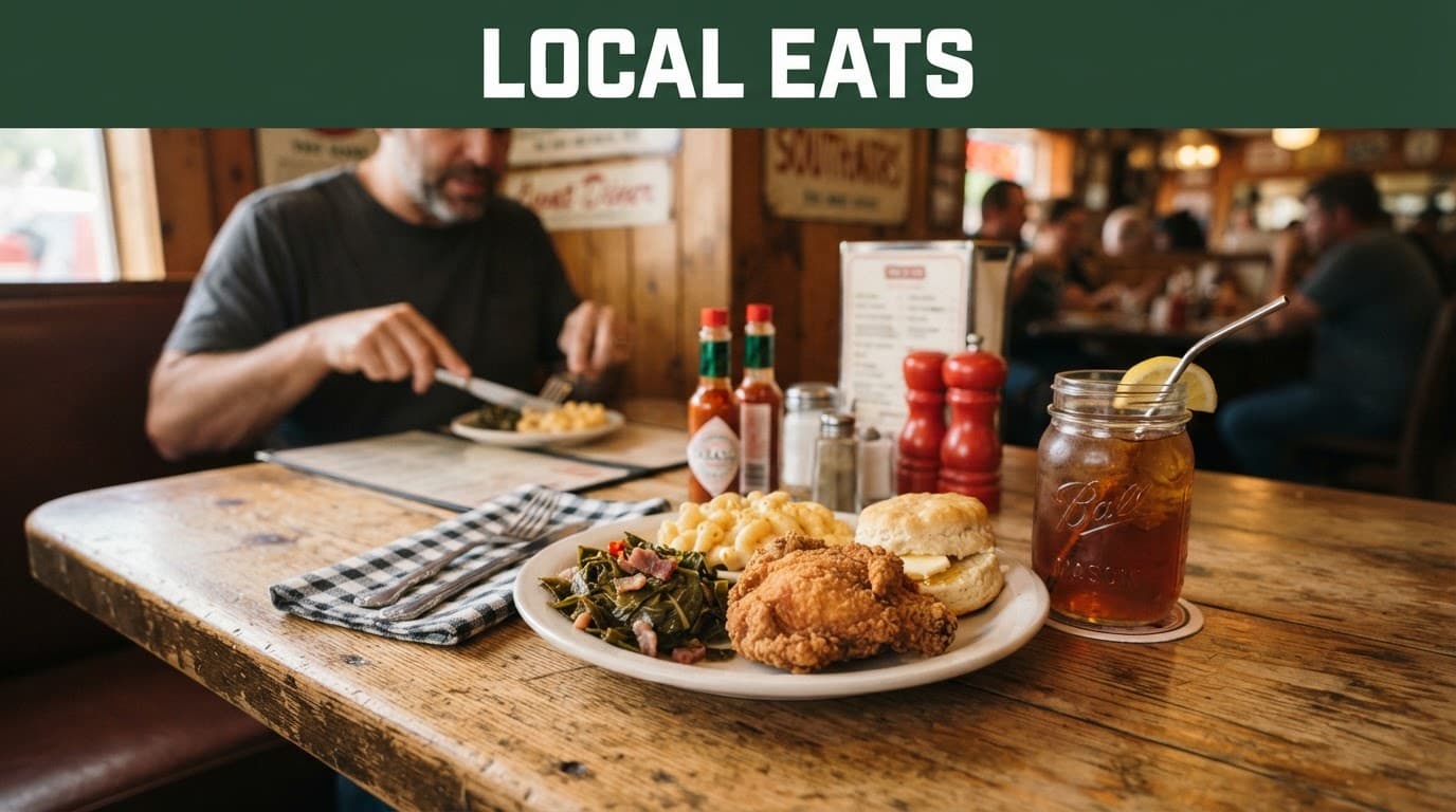Southern comfort food and sweet tea on a wooden table in a cozy diner.